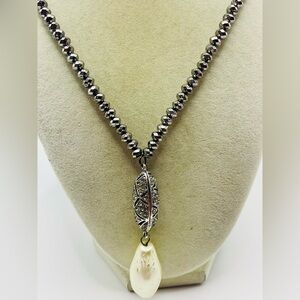 Chico's Hematite Beaded Necklace with Faux Pearl Pendant and Ornate Metal Bead